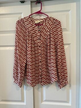 Maeve Red & White Printed Button-Front Blouse with Long Sleeves